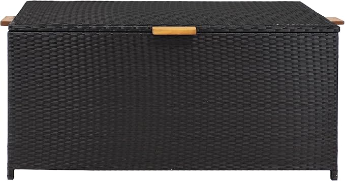 Sunnydaze Faux Wicker Storage Box - Outdoor Deck Box with Handles - 75-Gallon Front Door Package Delivery Box with Hinged Lid - Black