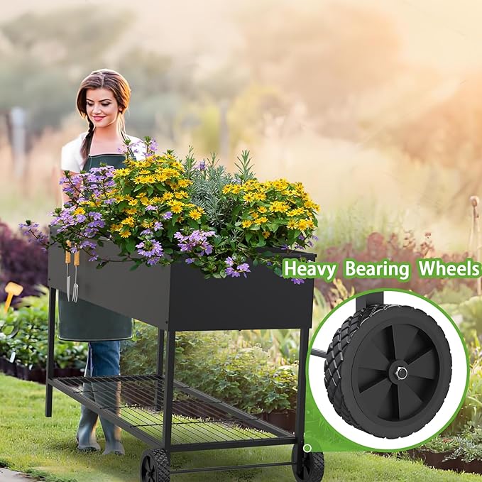 JWPEHOE 51 × 26 × 31.5 Inches Raised Garden Bed with Legs/Storage Shelf, Mobile Planter Box for Outdoor Plants, Elevated Garden Bed for Backyard, Balcony, Black