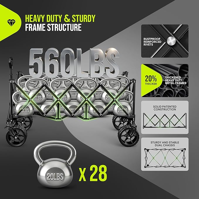 Hikemoon 300L Extra Large Wagons Carts Foldable, 560LBS Heavy Duty Collapsible Beach Wagon 48" Long with Big All-Terrain Wheels, Utility Folding Cart for Camping, Grocery, Sports, Garden, Black
