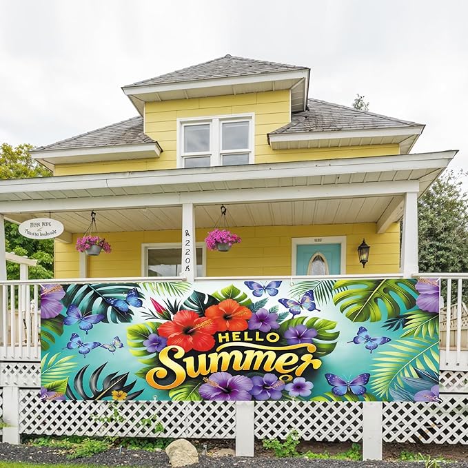 10x3 ft Extra Large Summer Flower Banner Outdoor 115''x35'' Hello Summer Banner for Fence Outside Garden Large Flower Banners Yard