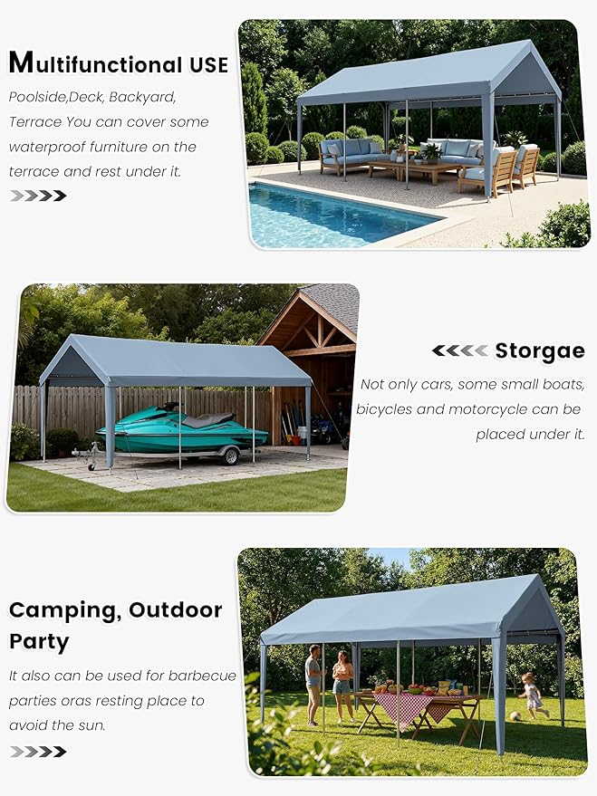 12 x 20 Ft Carport Replacement Cover, Heavy Duty Outdoor Car Tarp Canopy, Waterproof & UV Protected Tear Oxford Tarp with Ball Bungees (Frame is Not Included)