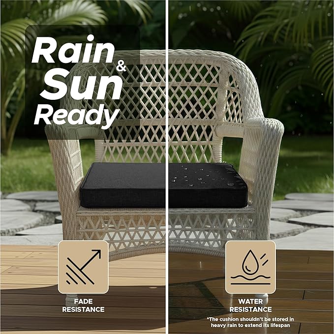 Outdoor Chair Cushions, Water-Resistant & Fade-Resistant, Patio Furniture Square Seat Replacement Chair Pads with Ties Zipper, Removable Cover, Non-Slip Bottom, Set of 4, 22 x 22 Inch, Black