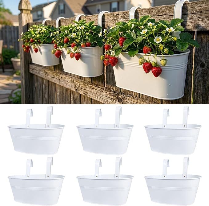 LaLaGreen Rail Planters for Outdoor (6 Pack, 11.2 Inch) White Metal Iron Hanging Flower Pots, Deck Railing Strawberry Planter Fence Bucket Wall Mount Window Box Plant Holder with Hooks Porch Decor