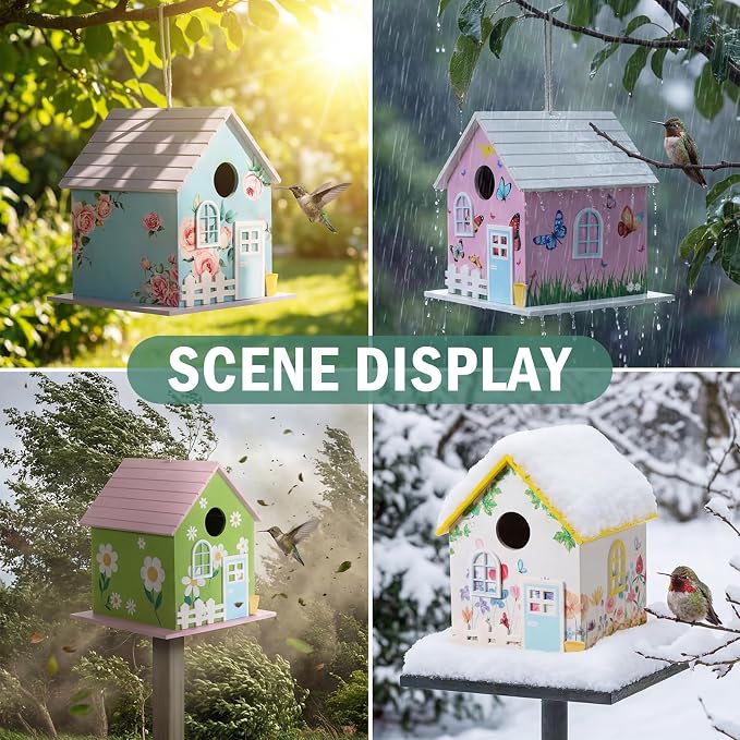 DoubleFill 4 Pcs Summer Wooden Bird Houses for Outside, Bluebird House, Hanging Nesting Box for Sparrow, Chick adee, Hummingbird Wren Cardinal Swallow Sparrow Finch