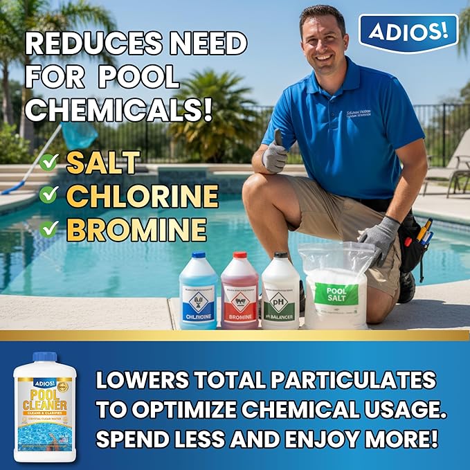Adios! 20X Pool Cleaner and Clarifier – Restores Cloudy and Hazy Water for Above Ground and Inground Pools – Twenty Treatments per 32oz Bottle