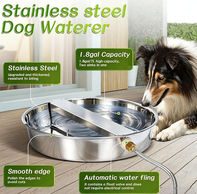 Automatic Dog Water Bowl Dispenser Outdoor Pet Water Dispenser | 1.8 Gal Dog Water Dispenser for Large Breed Dogs, Heavy-Duty Stainless Steel, Chicken Waterer, Backyard