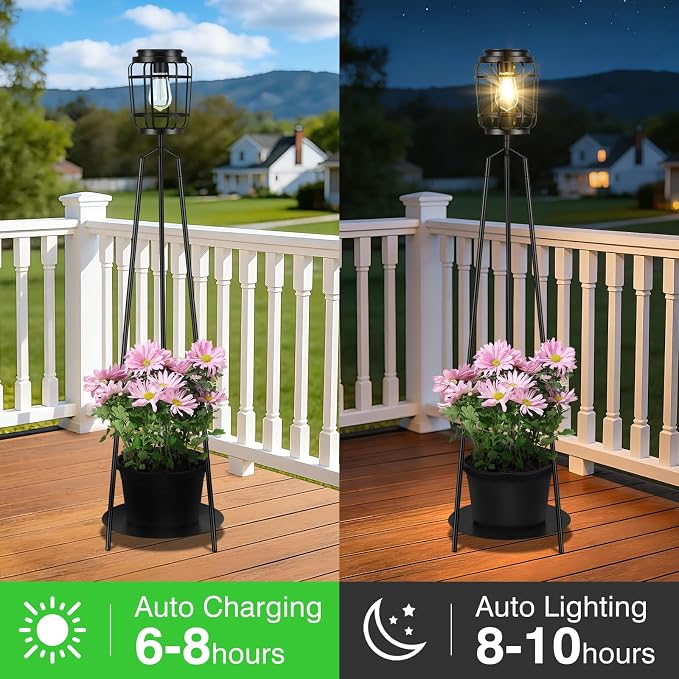 TOWPONICS 2-Pack 40.75'' Solar Lights with Plant Stands, Solar Powered Outdoor Floor Lamp with Planter, IP65 Waterproof Outdoor Lamp for Patio Deck Porch Yard Garden Decor, 8-12 Hours Lighting