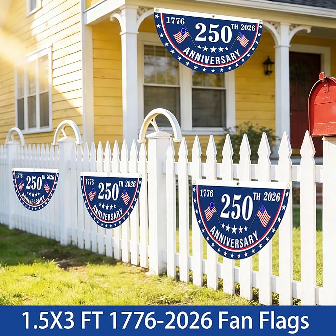 2PCS USA Anniversary 250th Flag, 1.5X3 FT Anniversary Fan Flags, Yard Signs Hanging Decor for Outdoor, Front Door, Porch, Welcome Backdrop with Brass Grommets (Style 4)
