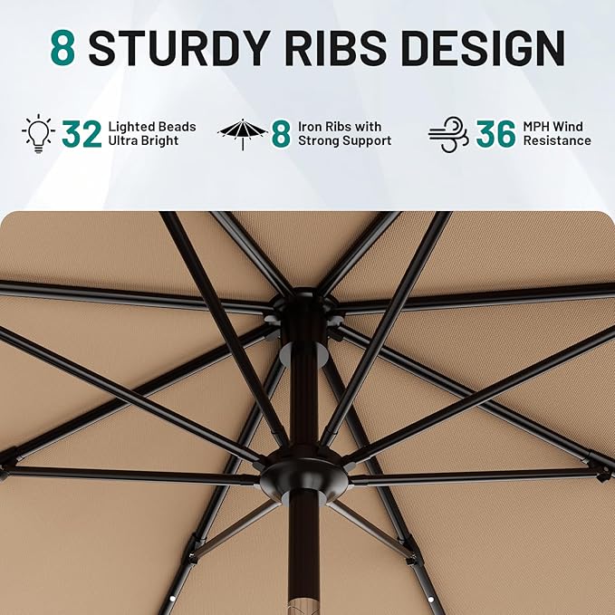 AreShark 11FT Large Patio Umbrella with Solar Lights, Lighted Solar Umbrella with Crank, Outdoor Table Market Umbrellas for Garden, Deck, Backyard, Pool and Beach, Beige