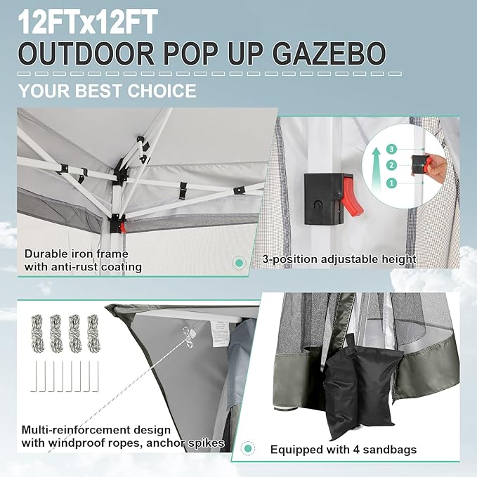 COBIZI 12x12 FT Pop up Gazebo on Clearance Outdoor pop up Canopy Tent,carpas para Patio, Shelter Tents with Netting & Portable Carry Bag, Patio Gazebos for Camping, Garden & Lawn, Darkgrey(Upgraded)
