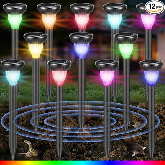 12 Pack Solar Ultrasonic Animal Repellent with RGB Color-Changing Lights, Pest 360° Sonic Deterrent for Outdoor Lawn & Garden, Solar Powered Mole, Snake & Gopher Repellent Stakes (Round Style)