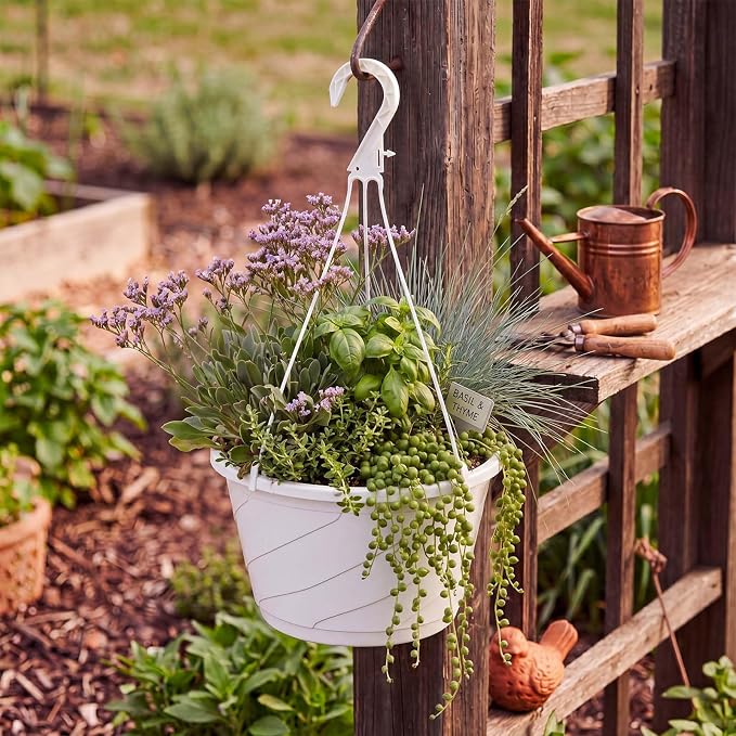 8 Pcs 10 Inch Modern Euro Swirl Hanging Planter Uv-Resistant Plastic Hanging Basket Smart Drainage Lightweight Indoor Outdoor Flower Pots for Garden Porch Balcony Patio Home Decor (White)