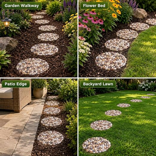 Stepping Stones Outdoor, 12 Inch Natural River Rock Garden Pavers, Set of 6 Round Pebble Stones for Walkway, Yard, Lawn, Patio, Pathway & Landscaping Decor (Roundness)