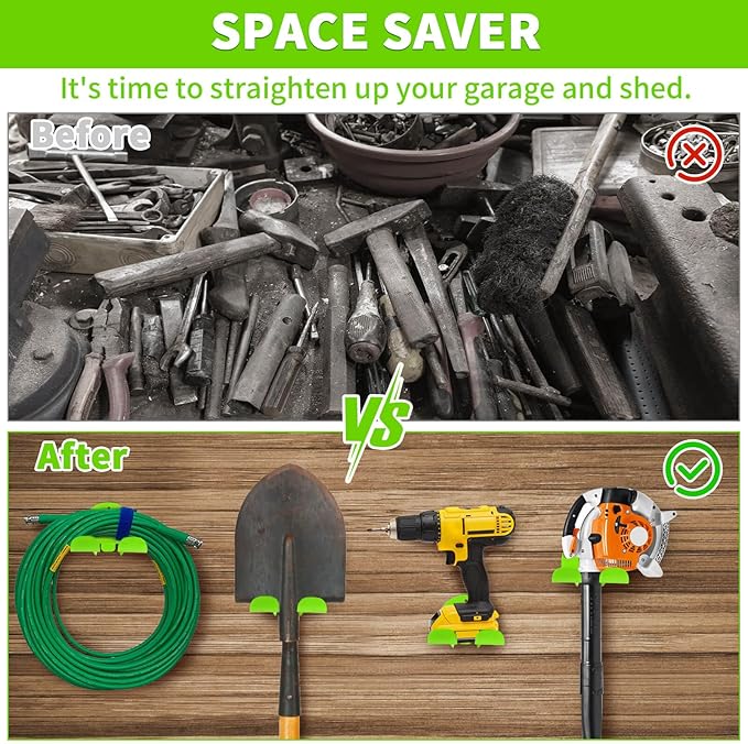 Upgraded Trimmer Rack Wall Mount - 8" Heavy Duty Weed Eater Hanger for Garage Wall, Garden Power Tool Holder Organizer Hooks for Grass Trimmer, Hedge Trimmer, Leaf Blower and Chainsaw, Green, 1 Pack