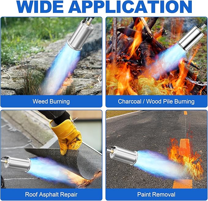 Weed Torch Propane Burner Blow Torch Weed Burner Flamethrower with Adjustable Flame and Ergonomic Anti-slip Rubber Handle for Weeding,Melting Ice,Charcoal Starter(Fuel Cylinder Not Included)