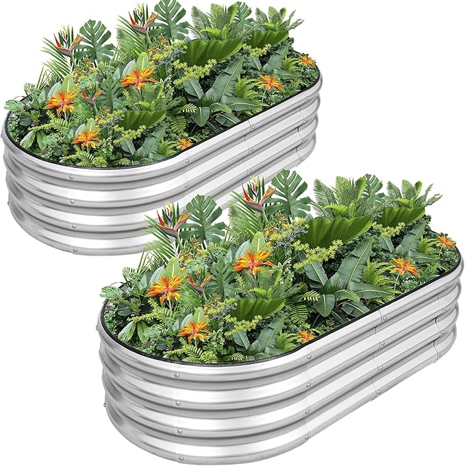 G GOOD GAIN Galvanized Metal Raised Garden Bed Kit - 4x2x1FT Outdoor Planter Box with Safety Edging and Gloves for Vegetables, Fruits, Flowers(Silver, 2PC)