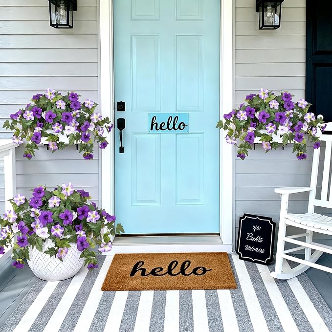 Ammyoo 4 Pcs Artificial Fake Petunia Flowers for Outdoor Decoration, Faux Silk Petunias Flower for Spring UV Resistant No Fade Realistic Plants for Garden Balcony Yard Porch Indoor Decor(Purple White)