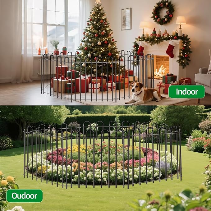 10 Panels Decorative Garden Fence with Gate, 40in(H)×21.6ft(L) Animal Barrier Fence, Metal Round Tube Garden Edging Border, Reusable Ground Defense Temporary Fencing for Outdoor Yard Flower Bed, Black