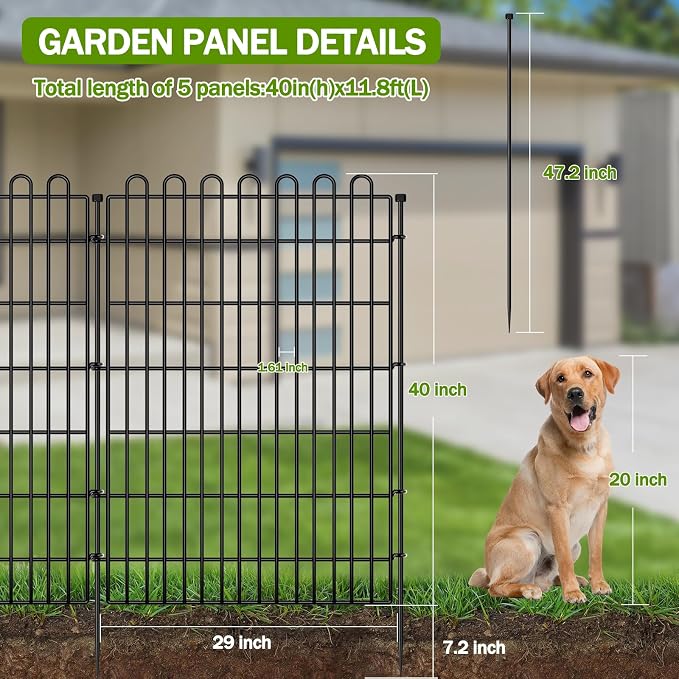 5 Panels No Dig Decorative Garden Fence for Yard, 40 in(H) X 11.8 ft(L) Animal Barrier Fencing for Outdoor Dog, Metal Portable Garden Fences for Borders, Pets, Landscape, Temporary Fence