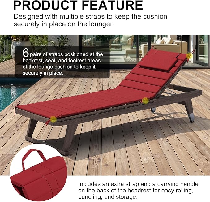 Crestlive Products Chaise Lounge Cushion Outdoor Set of 2, Foldable Waterproof Pool Lounge Chair Cushions with Straps, Lounger Cushions for Outdoor Furniture, 71''Lx21''W (Chili)
