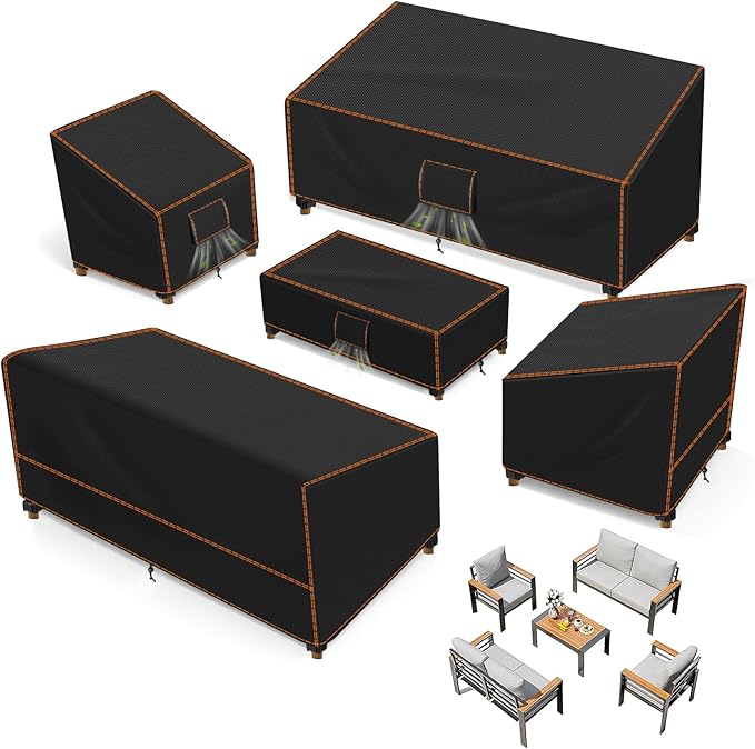 SUNICO Patio Furniture Set Covers, 5 Piece Patio Covers for Outdoor Furniture Waterproof, 420D Outdoor Furniture Cover, UV Fade Protection, Tear-Resistant, Black