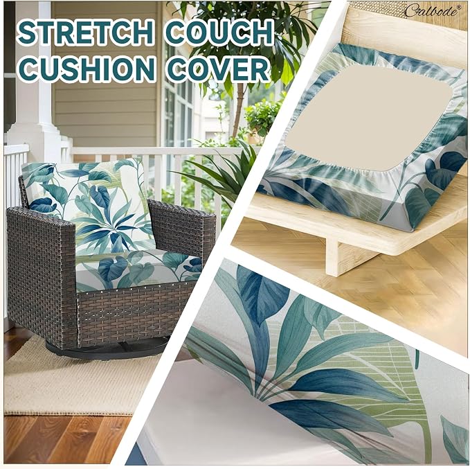 CALBODE 12 Pcs Stretch Outdoor Seat Cushion Covers, Botanical Chair Seat Cover for Patio Furniture Cushions Washable Reusable Indoor and Outdoor Couch Cover Replacement (Blue Leaves, Cover Only)