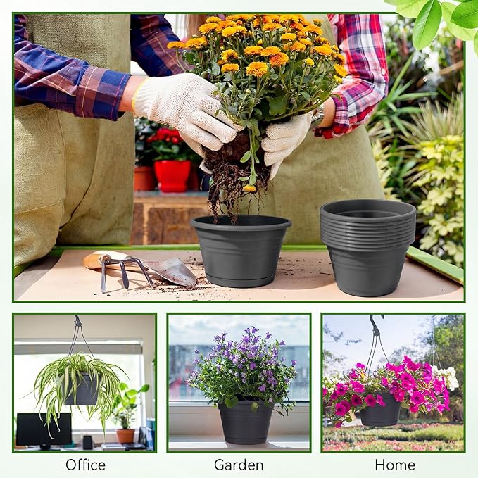 Roshtia 20 Pcs 10 Inch Hanging Baskets for Plants Large Plastic Hanging Basket Pots with Drainage Trays Self Watering Planter Pots for Outdoor Indoor Plants Flowers Garden Balcony (Black)