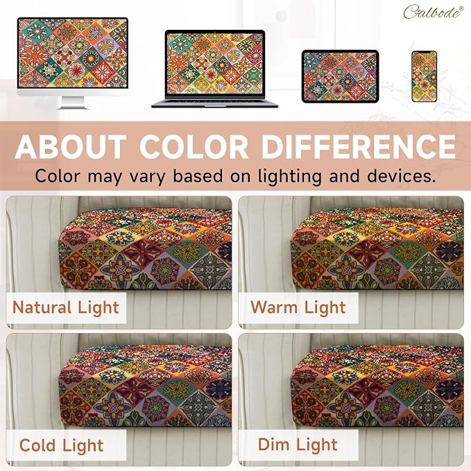 CALBODE 12Pcs Stretch Patio Cushion Cover, Bohemian Colored Geometric Pattern Couch Covers for Patio Furniture Cushions Washable Reusable Couch Covers Replacement for Fall Winter(Cover Only)