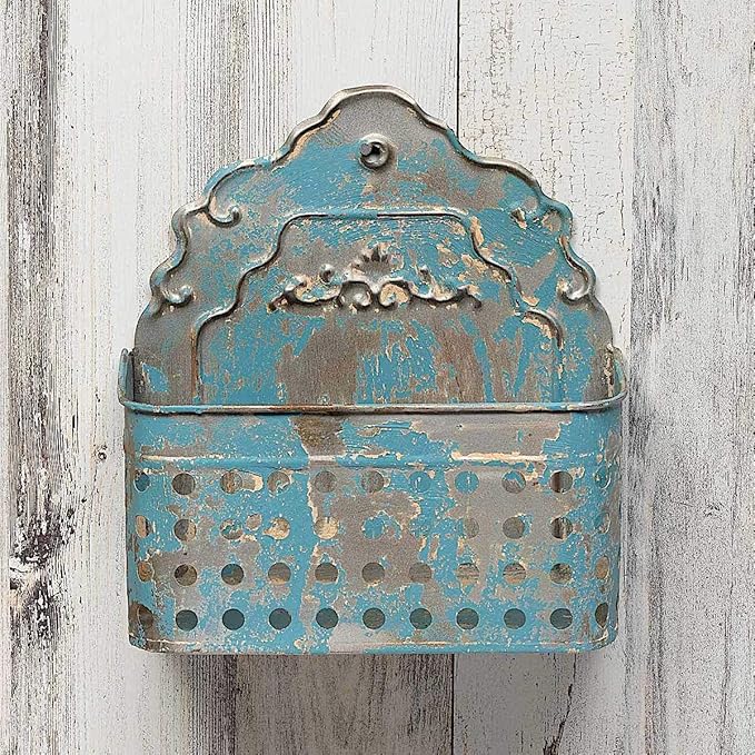 Antique Blue Wall Planter Hanging Metal Bucket Container Organizer for Flowers Succulent Air Decorative Plants Tools Distressed Indoor or Outdoor 9 x 8.5