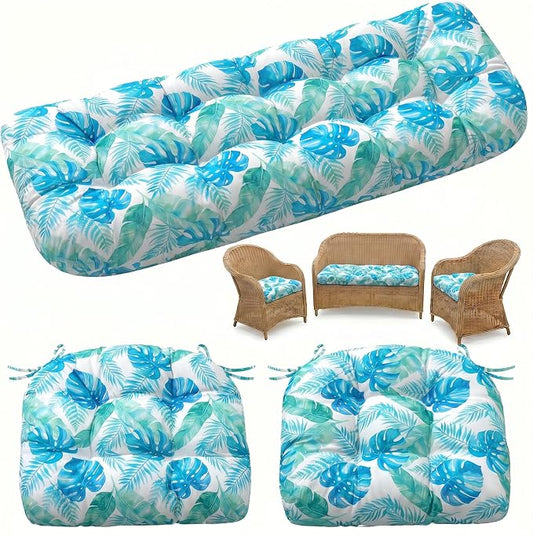 1 MIDDLE ONE Wicker Chair Cushions 3 Pieces Set for Outdoor Furniture, Replacement Patio Wicker Furniture Cushions, 1Pc Loveseat Cushion & 2Pcs Chair Cushions (Teal Monstera)