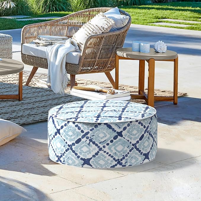 LVTXIII Inflatable Stool Ottoman Footrest with Handle, Decorative Fade-Resistant Foot Stool, Indoor or Outdoor Pouf for Home Garden and Camping Use, 21x21x9, Boho Geometry Blue