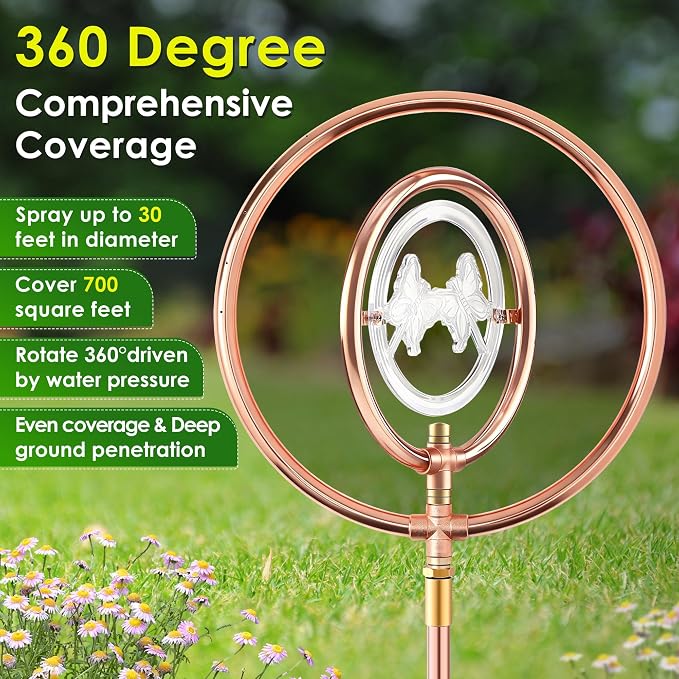 34" H Copper Coated Stainless Steel Ornamental Sprinkler, Corrosion Resistant Garden Rotating Sprinkler 360 Degree Shape Decorative for Lawn Garden Landscape(Double Ring Clear Butterfly)