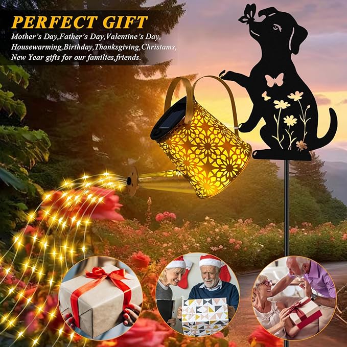 Solar Lights Outdoor Decorative, Watering Can with Cascading Lights, with Dog Silhouette Garden Stakes, Waterproof Metal Garden Decor Mom 2 Pack