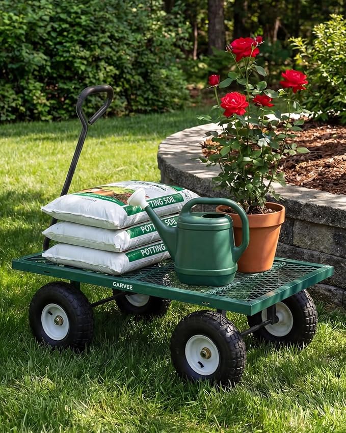 Garvee Versatile Outdoor Utility Cart - 800LBS Heavy-Duty, 10" All-Terrain Pneumatic Tires, Easy Maneuverable Lawn Cart with Removable Mesh Panels for Gardening & Landscaping, Green