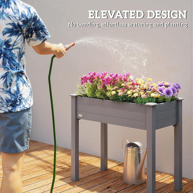 Outsunny Raised Garden Bed with Legs, 34" x 18" x 30", Elevated Wooden Planter Box, Self-Draining with Bed Liner for Vegetables, Herbs, and Flowers Backyard, Patio, Balcony Use, Dark Gray