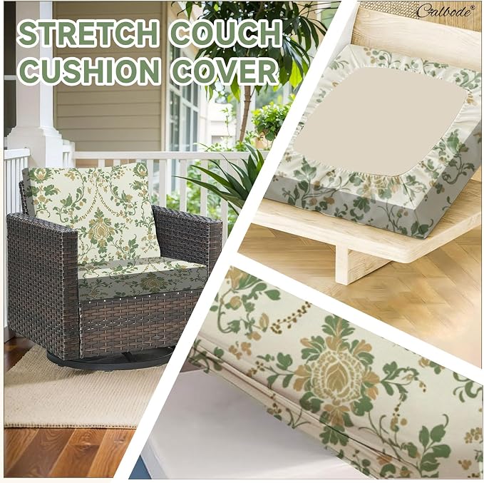 CALBODE 8 Pcs Stretch Outdoor Seat Cushion Covers, Washable Chair Seat Cover for Patio Furniture Cushions Soft Indoor and Outdoor Couch Cover Replacement (Green Vines, Cover Only)