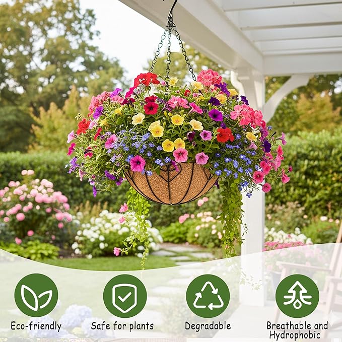 4pcs 16 inch Metal Hanging Baskets Round Wire Plant Stand with Coco Lining Cushion Decorative Planter Hanger Garden Indoor Outdoor Watering Hanging Basket （AX）