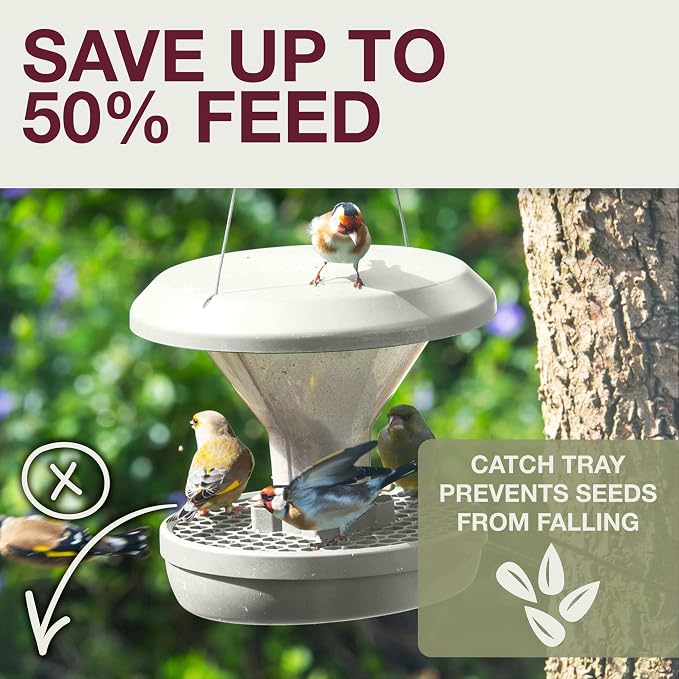 SWISSINNO Bird Feeders - No Mess Hanging Bird Feeder for Outdoors - Smart Birds Davos Spill Proof Wild Cardinal & Small Bird Feeder with Integrated Seed Catcher Tray - Dual Chamber - Light Grey