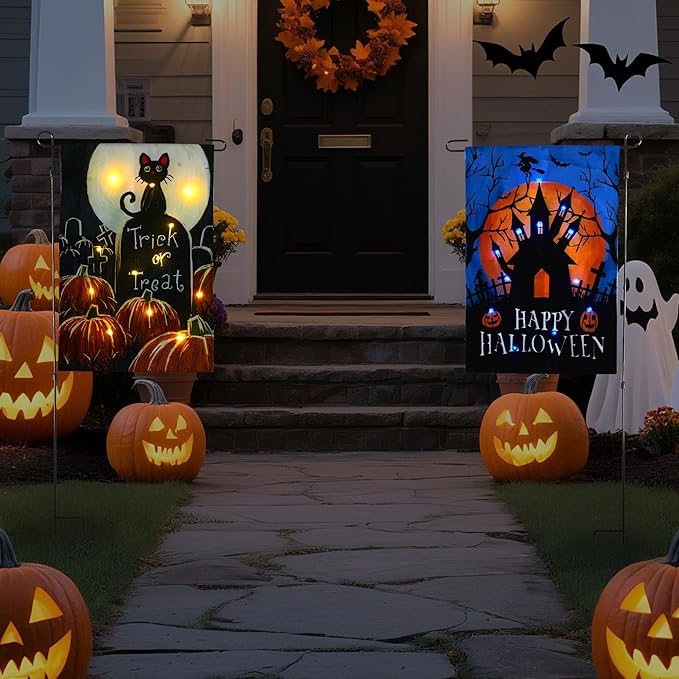 Solar Lighted Christmas Black Cat & Pumpkin Garden Flag Stake, Double-Sided Outdoor Yard Decor, LED Flag for Patio Lawn Thanksgiving Party Winter Holiday Decorations & Gifts