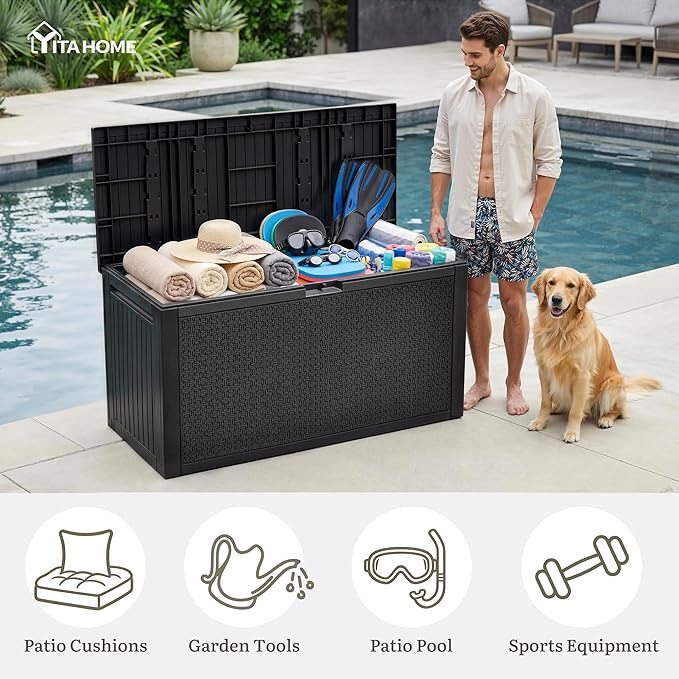 YITAHOME 90 Gallon Outdoor Storage Deck Box, Waterproof Resin Deck Box w/Handles, Lockable Outdside Deck Box for Patio Furniture, Garden Tools, Lockable & UV Resistant(Black)