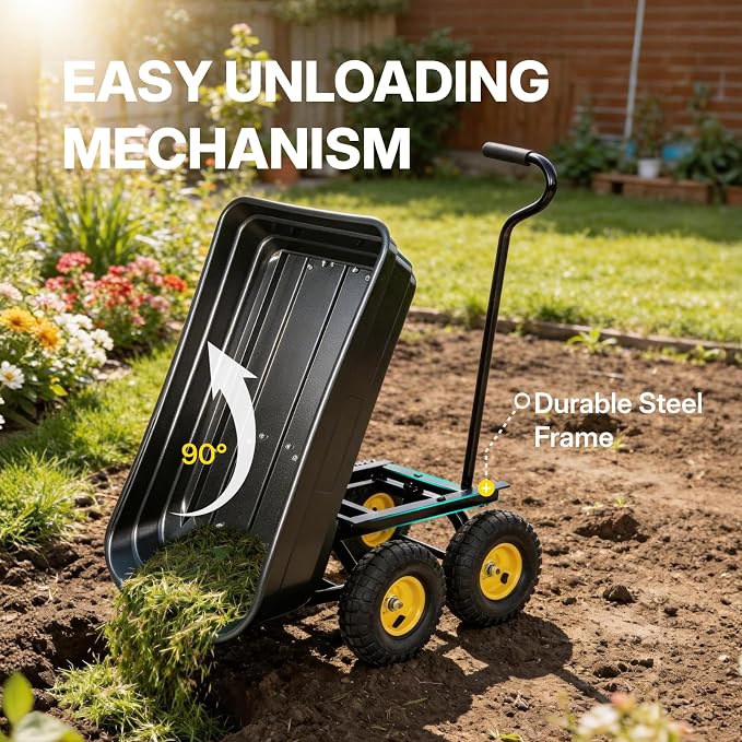 Heavy Duty Garden Dump Cart - 600lbs Load Capacity, 10" All-Terrain Wheels, Quick-Release System, Durable Poly Bed, 180° Rotating Handle, Yard Cart for Landscaping, Farm, and Outdoor Work
