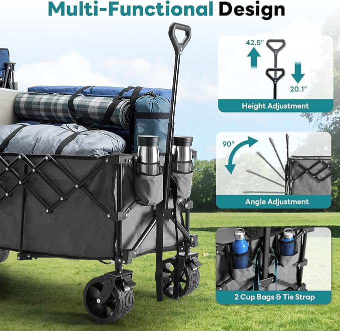 OLIXIS 49" Extra Long Folding Wagon Cart, 440LBS Heavy Duty Collapsible Wagon with Big All-Terrain Wheels, 250L Portable Outdoor Utility Cart for Shopping, Garden, Camping, Grocery, Sports - Grey