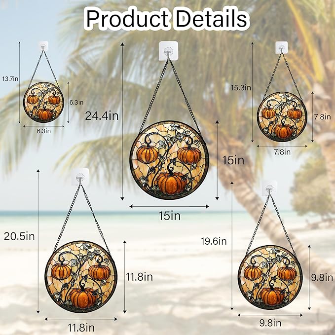 DASTOLL Stained Glass Window Hanging - Halloween Decoration Orange Pumpkin Vine Leaves Suncatcher for Door Garden Spooky Sun Catchers Gothic Decor Horror Gifts for Women Men Friend Boy Girl 15 in