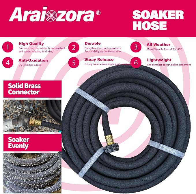 Soaker Hose 15FT 1/2 Inch Premium Soaker Hose with Solid Brass Connectors, for Deep Root Watering in Flower Beds & Landscaping