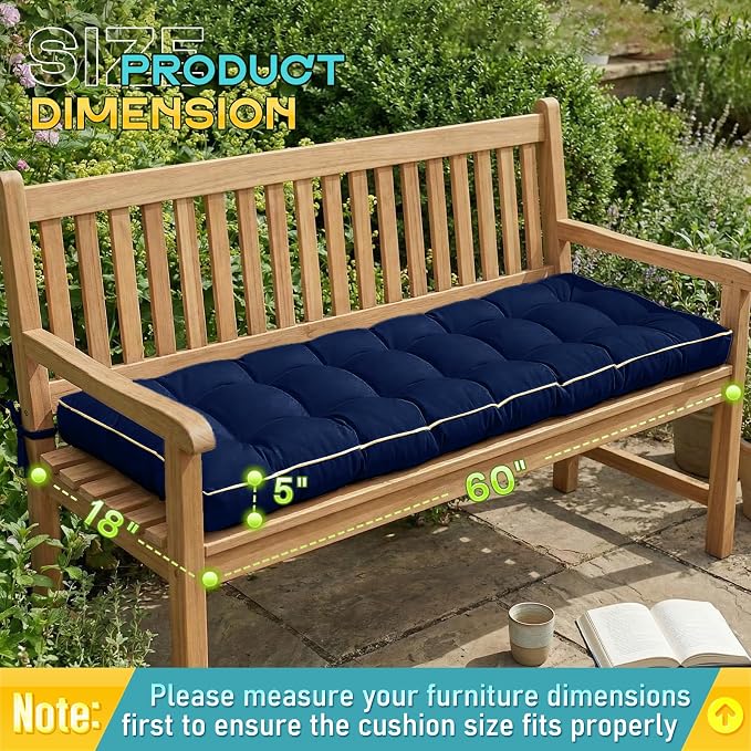 Outdoor Bench Cushion, Tufted Patio Seat Pad for Garden Bench, Porch Swing, Indoor/Outoor Furniture (Blue, 60X18X5)