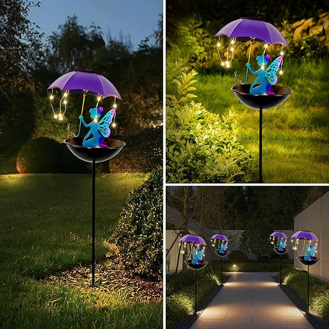 Solar Fairy Garden Decor Solar Bird Feeder with Umbrella Gifts for Women Yard Outdoor Decorations Stake Metal for Patio Yard Festival Pathway Landscape Lawn