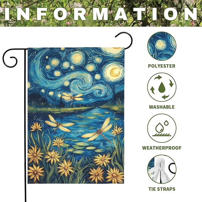 Spring Daisy Garden Flag Starry Night Style Floral Yard Flags with Dragonflies Summer Lake Landscape Artistic Impressionist Flower Banner Outdoor for Lawn Patio Porch Seasonal Home 12x18 Inch