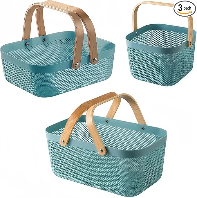 3pcs Collapsible Wooden Handle Plastic Harvest Basket - Rectangular Garden Storage Basket for Picking and Collecting Vegetables, Fruits - Ideal for Garden Cabinets & Outdoor Use(Blue)