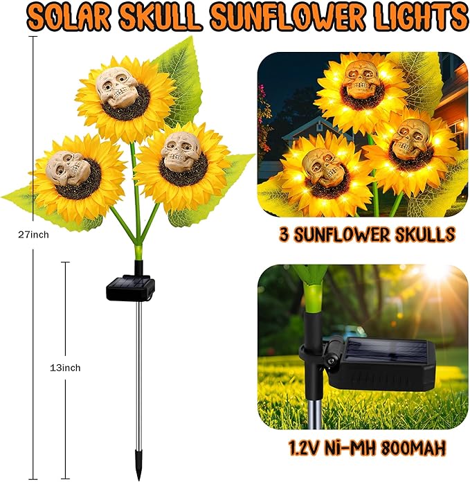 Halloween Decorations Outdoor, 4 Pack Solar Scary Skull Sunflowers Lights,Waterproof Solar Flowers Lights Garden Decor for Halloween Yard Patio Lawn Party Decor
