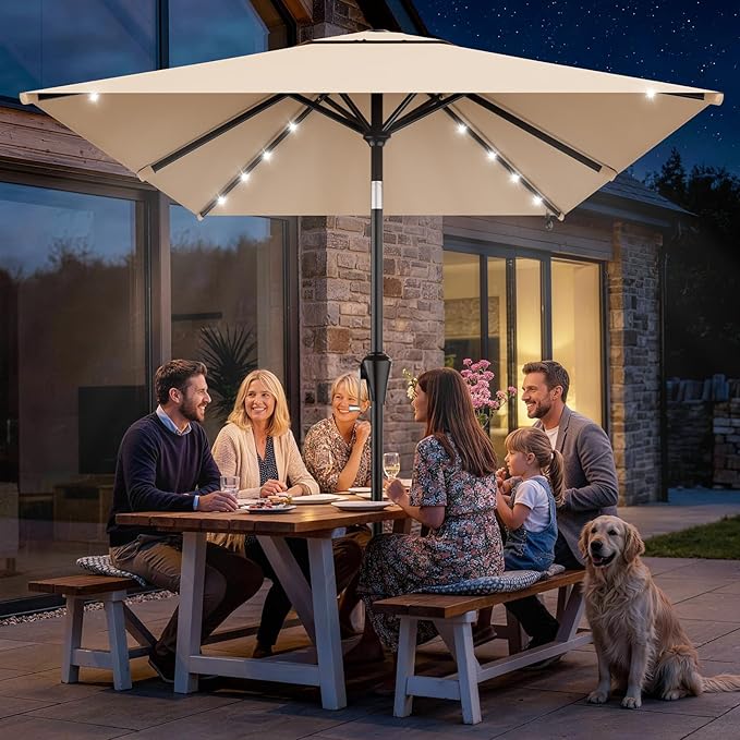 AreShark 6.5' x 10' Rectangular Patio Umbrella with Solar Lights, Solar Powered Lighted Market Umbrella w/Tilt and Crank, Outdoor Table Umbrella for Garden, Deck, Backyard, Pool and Beach, Beige